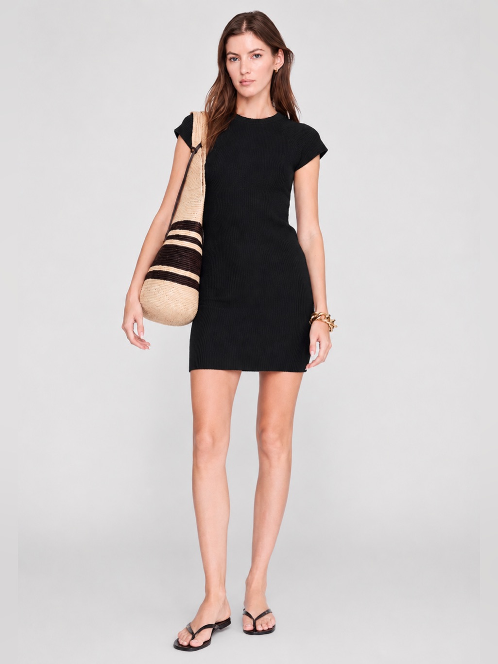 Anine Bing Skylar Ribbed Knit Mini Dress Black Size L